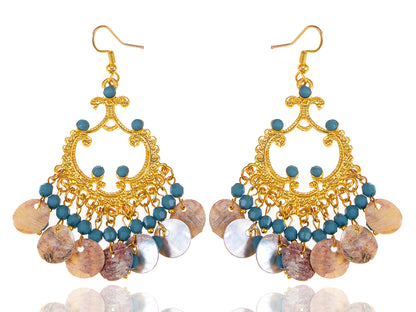 Boho Tribal Gold Turquoise Blue Seashell Chandelier Goddess Earrings - ALILANG.COM