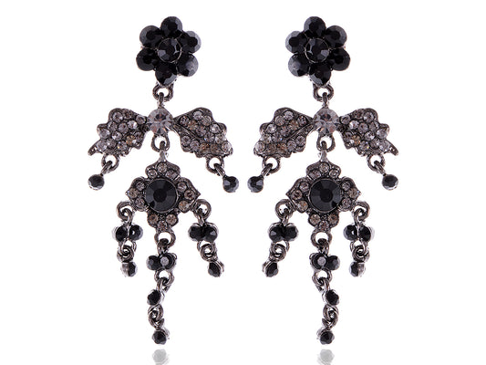 Gun Black Gothic Flower Leaf Dangle Earrings