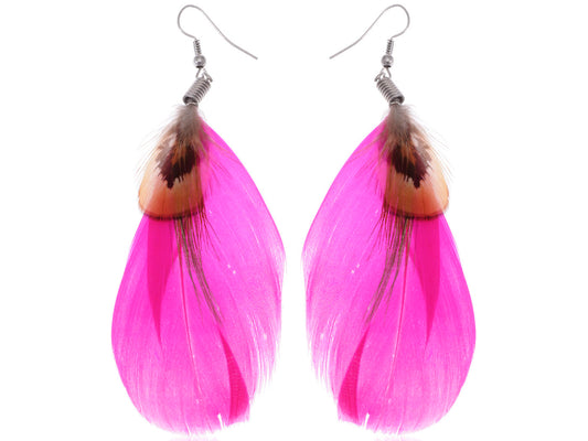 Neon Hot Pink Brown Boho Retro Feather Dangle Drop Hook Earrings
