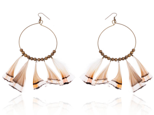 Tribal Hoop Bronze Beaded Ethnic Bird Feather Urban Hip Trend Hook Earrings