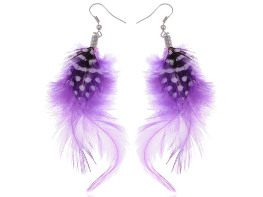 Purple Polka Dotted Diva Lavender Bright Bird Feather Fish Hook Trend Earrings