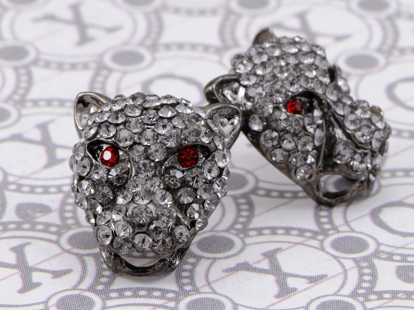 African Silver Growling Aggressive Jaguar Cat Red Eyes Earrings