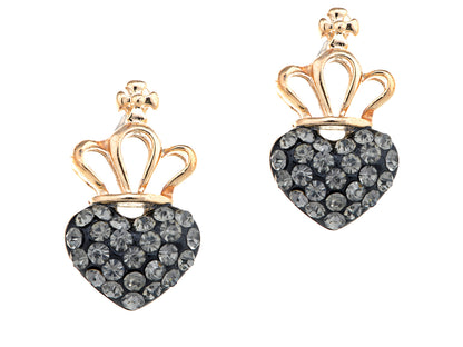 Grey Black Heart Crown Stud Earrings