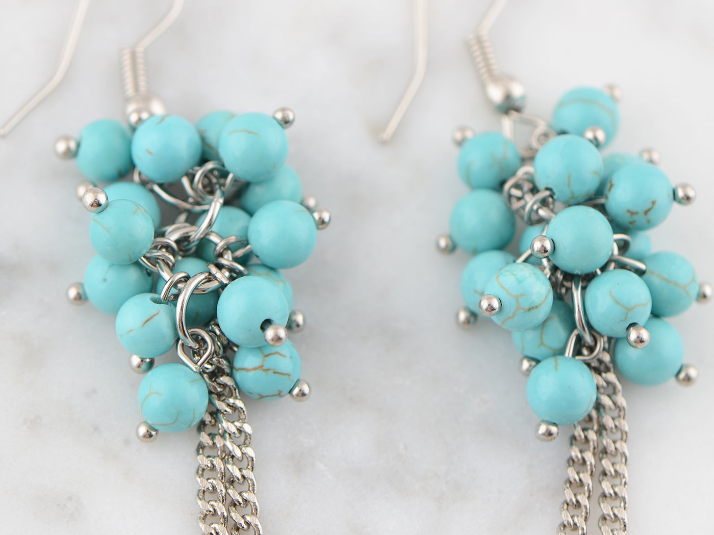 Western Chic Turquoise Round Beaded Cluster Fish Hook Dangling Earrings