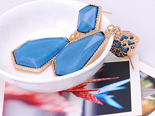 Electric Blue D Drop Earrings For Pierced Ears With Heart Accented Back