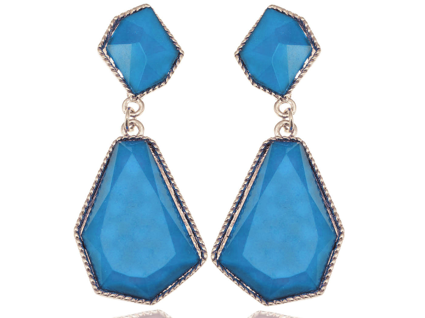 Electric Blue D Drop Earrings For Pierced Ears With Heart Accented Back