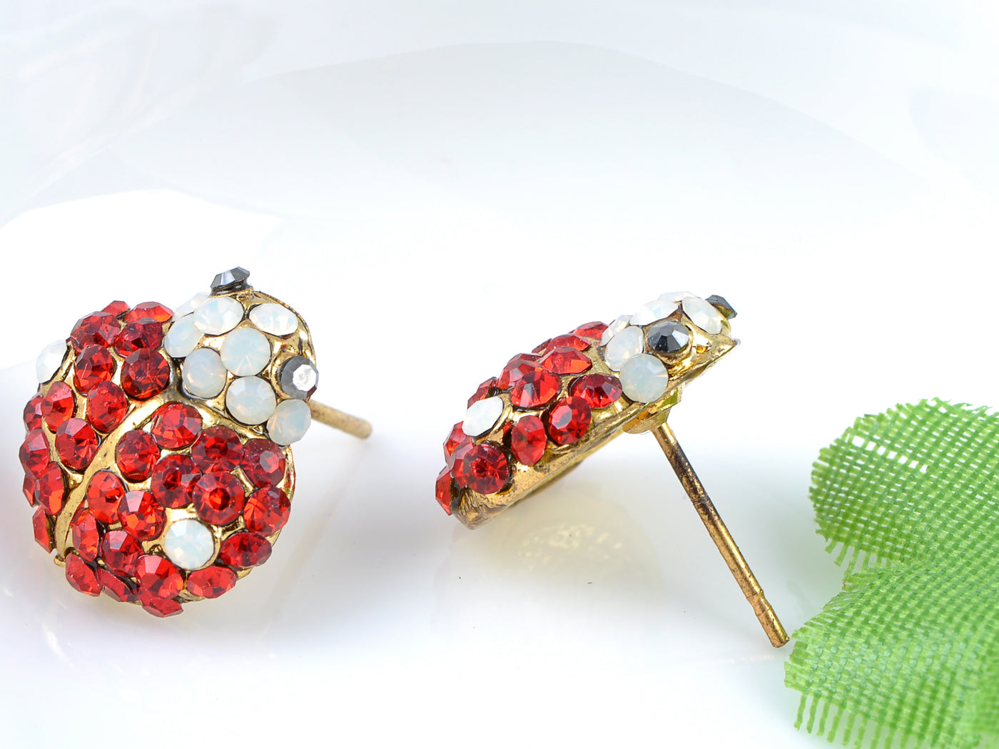 Ruby Red Crystal Ladybug Insect Stud Earrings