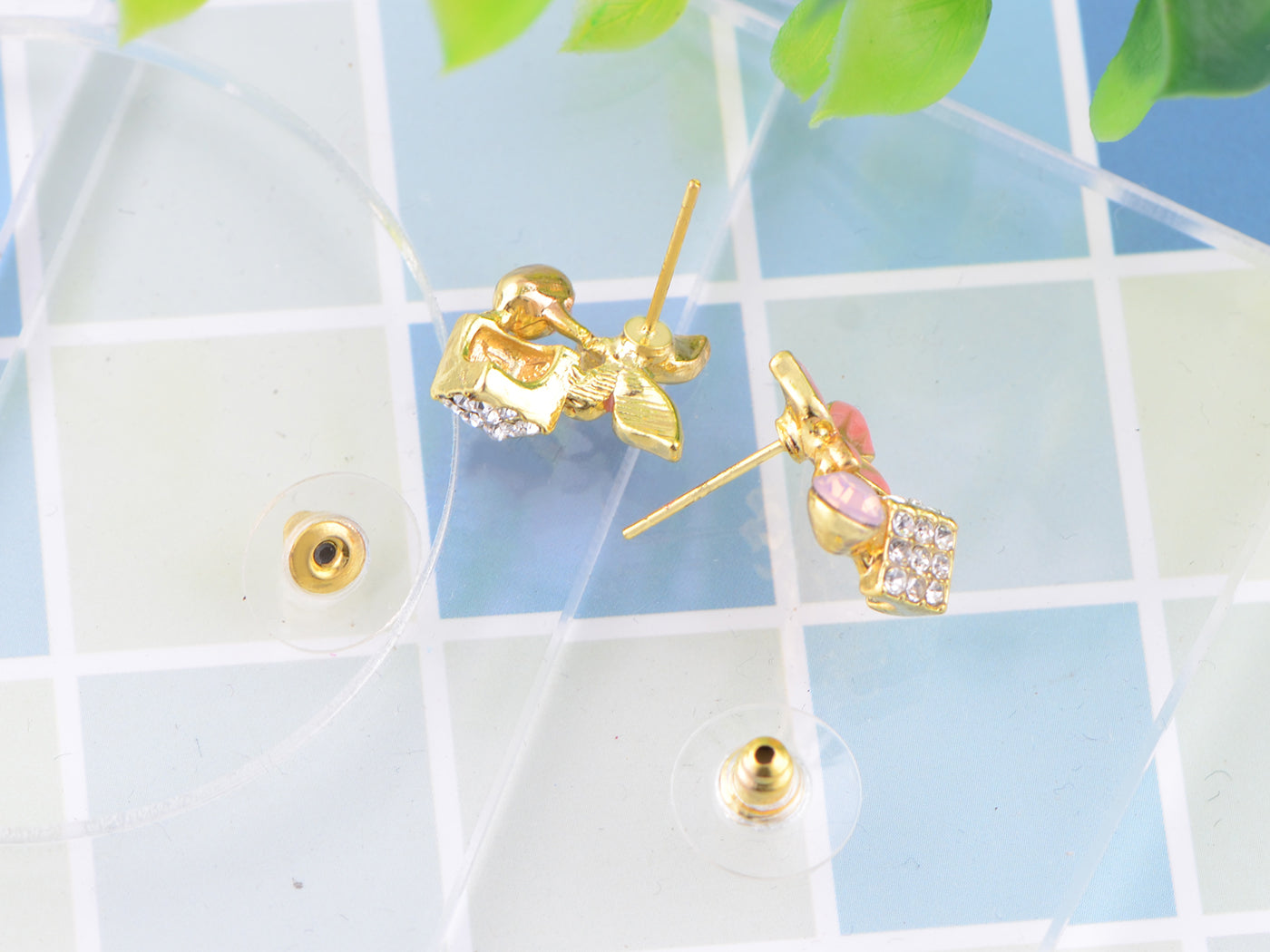 Petite Enamel Painted Mini Butterfly Encrued Cube Button Earrings