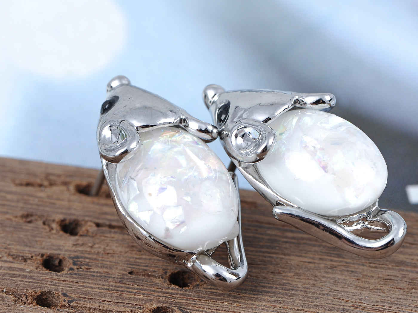 Silver White Opal Colored Ss Mini Mouse Rat Stud Earrings