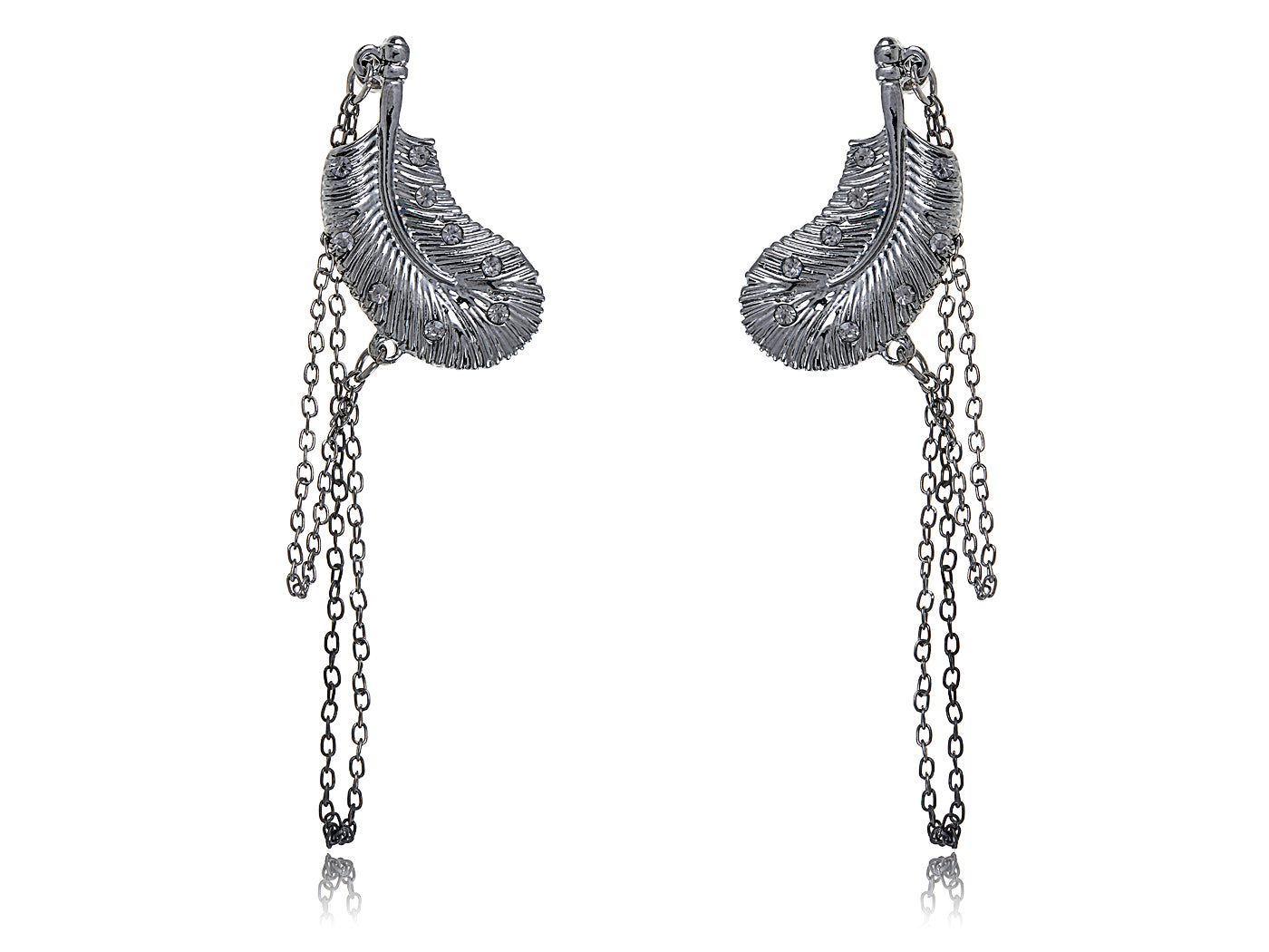 Grey Wild Bird Feather Dangling Chains Nature Free Spirit Cuff Earrings