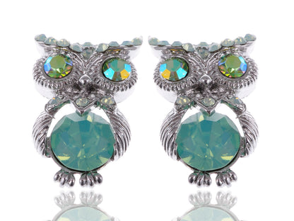 Silver Mini Pacific Opal Green Bodied Owl Button Earrings