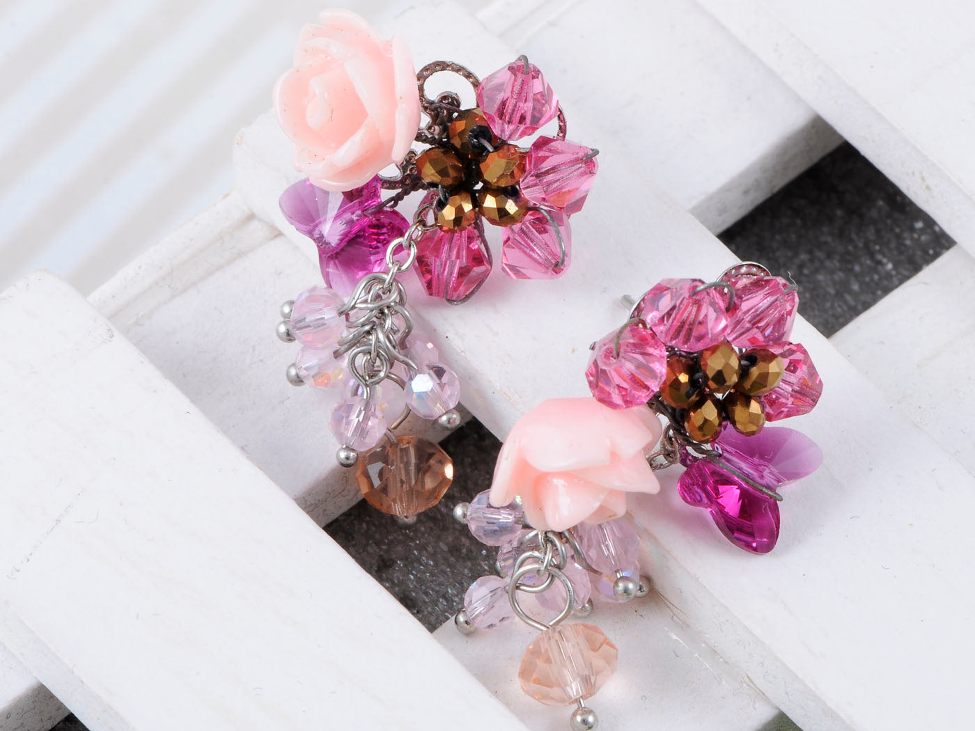 Mini Rose Pink Cluster Of Baubles Flower Trinkets Drop Earrings