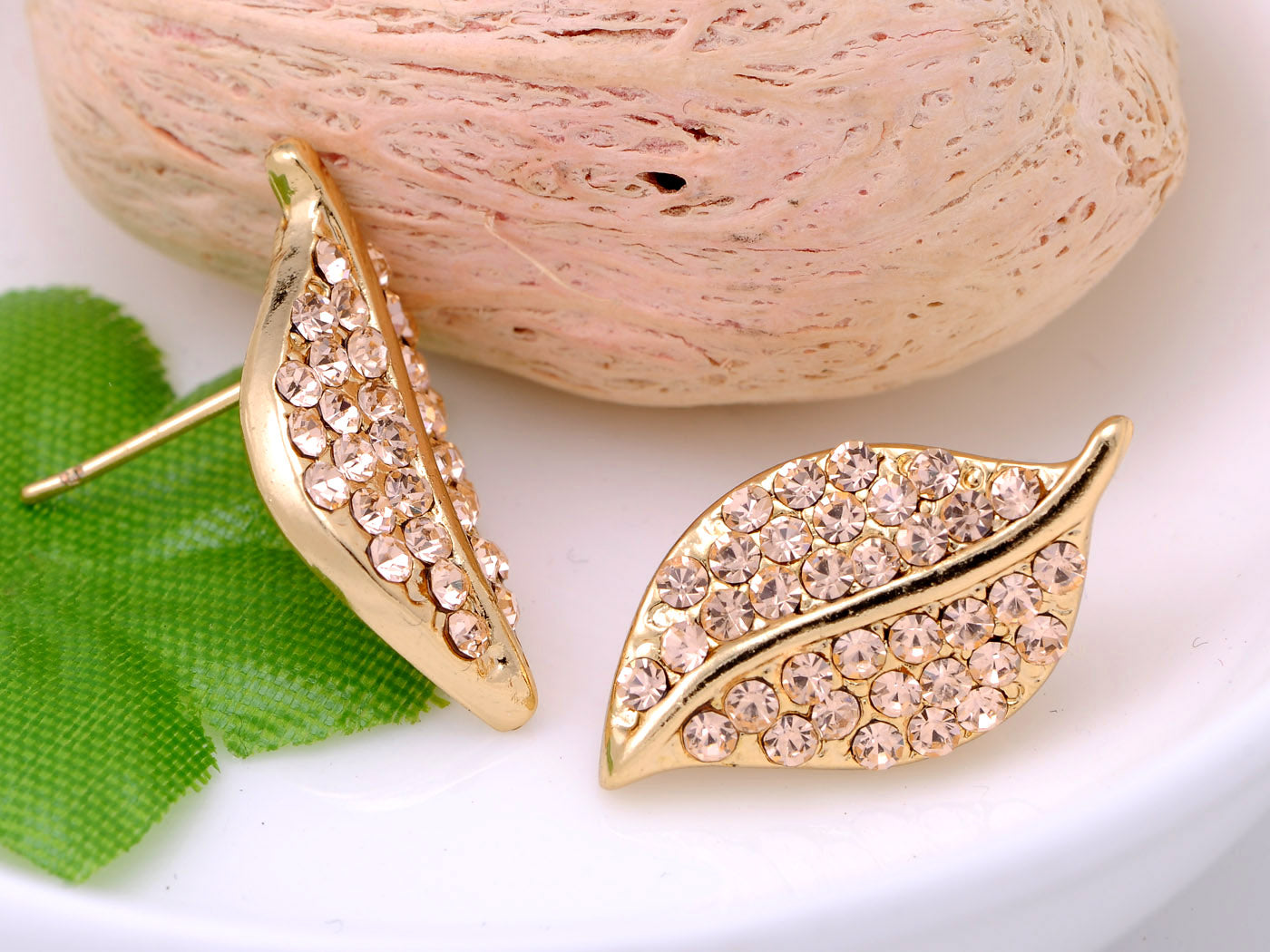 Mini Topaz Encrusted Nature Leaf Button Earrings