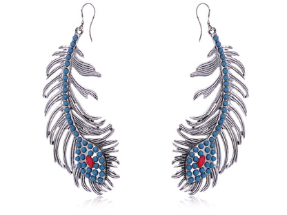 Blue Turquoise Peacock Feather Hook Jewelry Earrings With Ss For Women