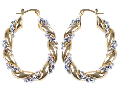 Two Gold Silver Intertwining Oval Shaped Hoop Earrings