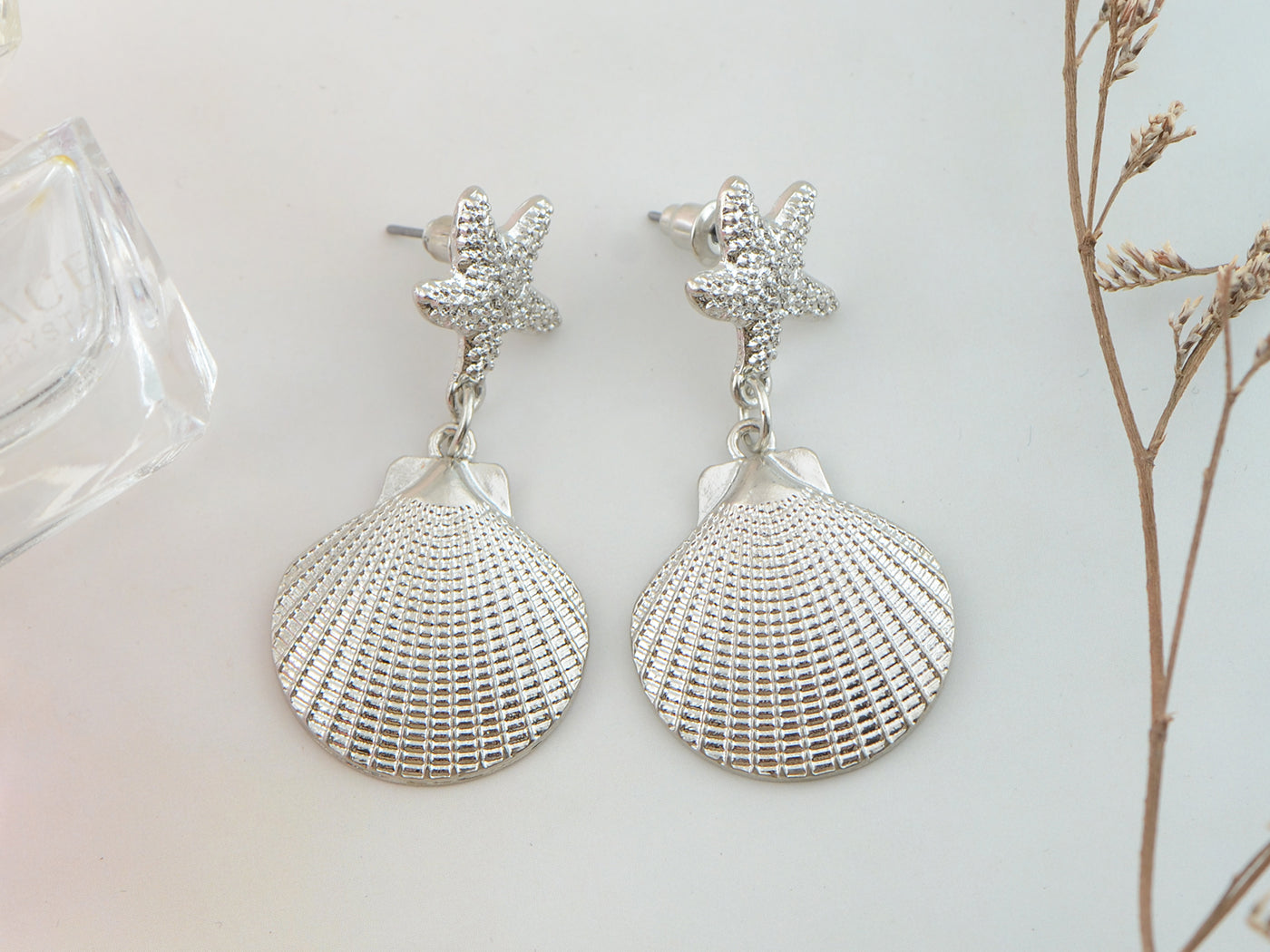 Silver D Dangle Drop Ocean Starfish Seashell Nautical Beach Earrings