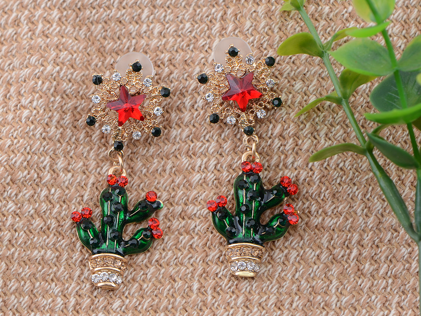 Multicolor Green Enamel Cactus House Plant Flower Dangle Drop Earrings