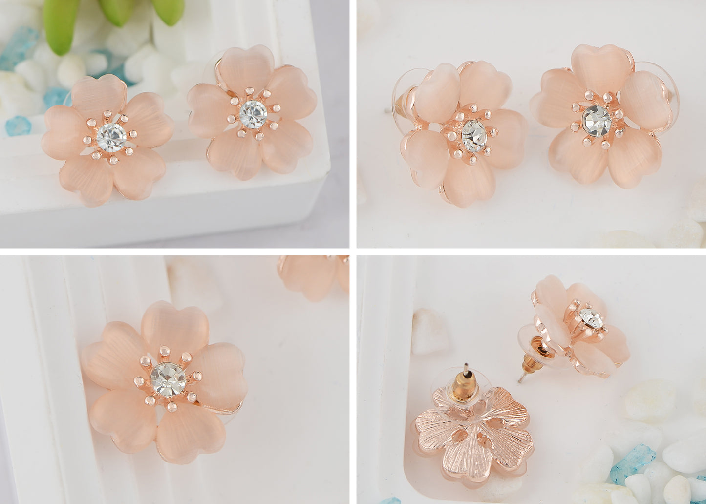 Alilang Silver Shiny Sparkly Crystal Pink Flower Accessories Girls Stud Earrings