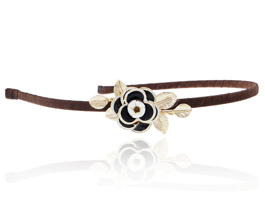 Dark Brown Floral Flower Rose Leaves Headband Piece