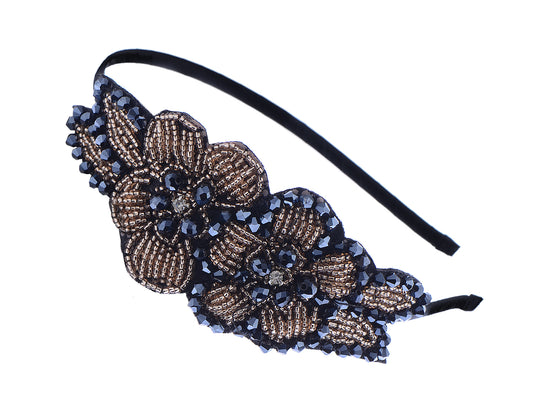 Topaz Gold Gun Black Floral Leaf Beaded Statement Headband