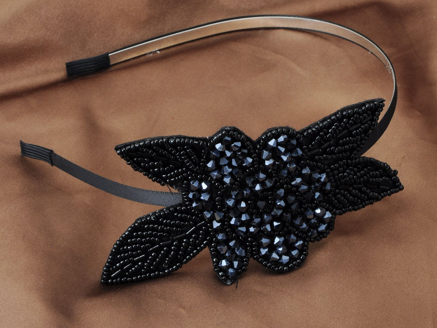 Flapper Crystal Beaded Black Blue Flower Headband