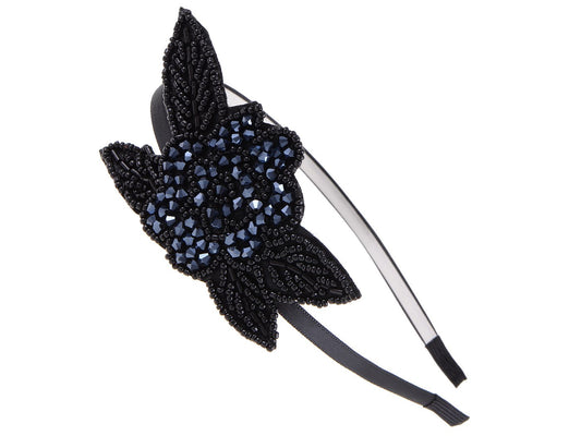 Flapper Crystal Beaded Black Blue Flower Headband