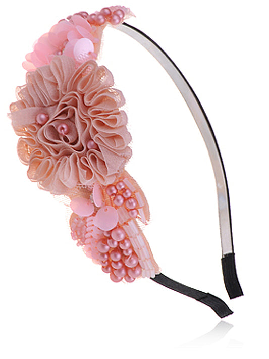 Girly Peach Coral Mesh Fabric Pearl Bead Hair Headband