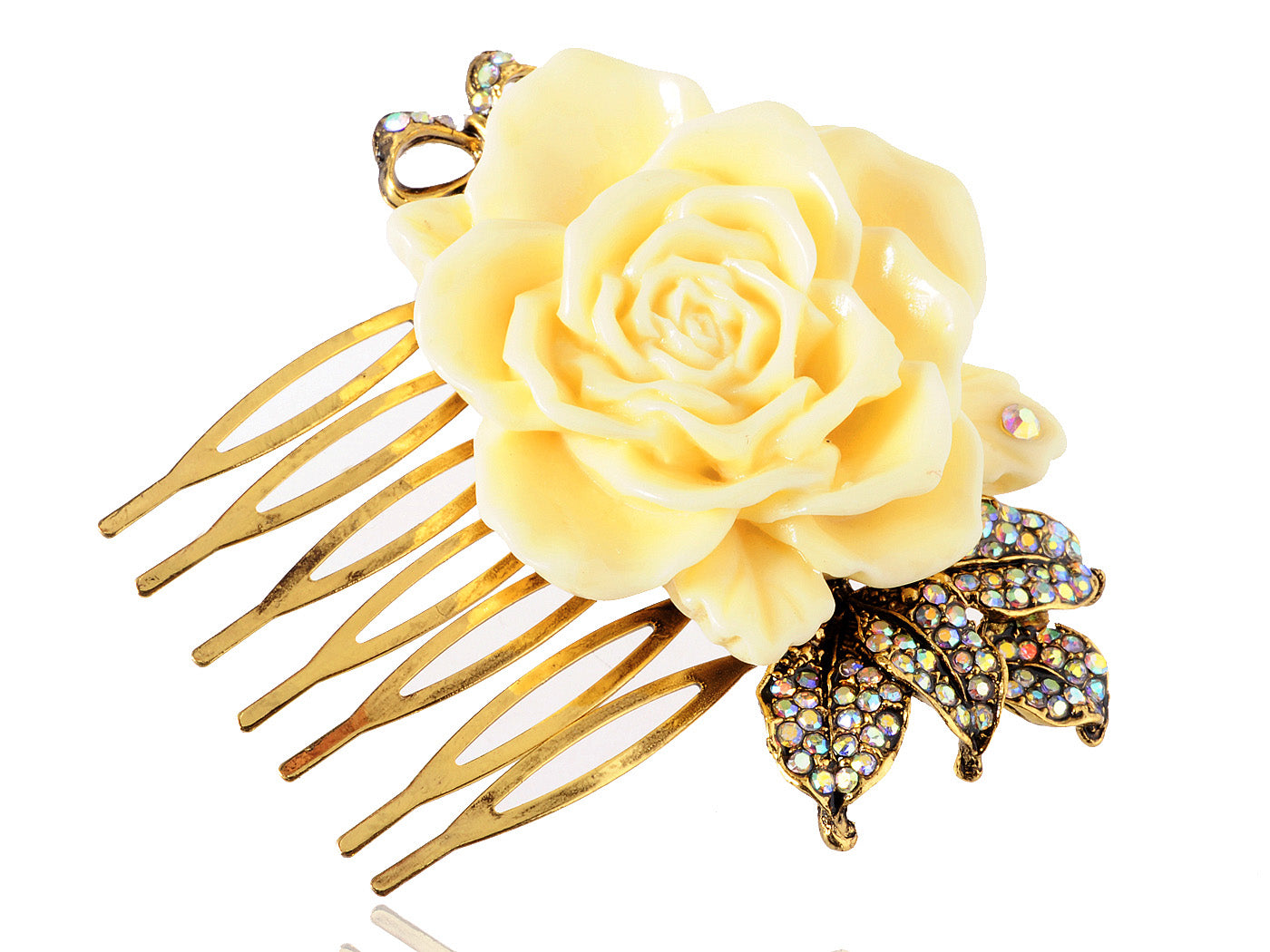 Gold Sculpted Yellow Rose Embellished Leaves Hair Pin