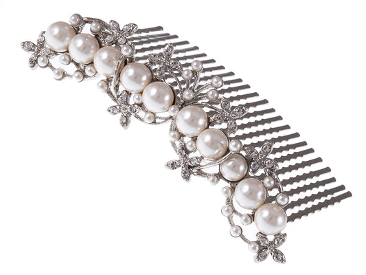 Silver Floral Stamen Simulated Pearl Bridal Hair Comb