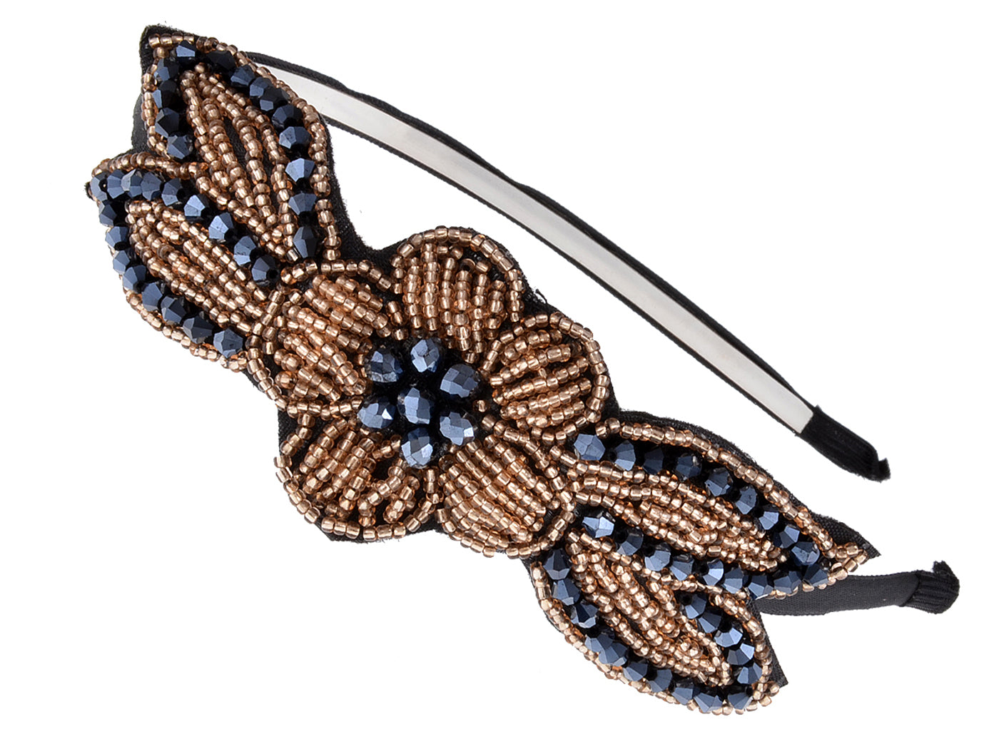 Vintage Floral Flapper Beaded Hair Piece Gold Blue Headband Gatsby Accessory
