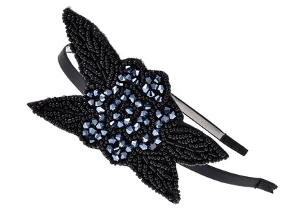 Flapper Beaded Flower Leaf Headband Blue Black