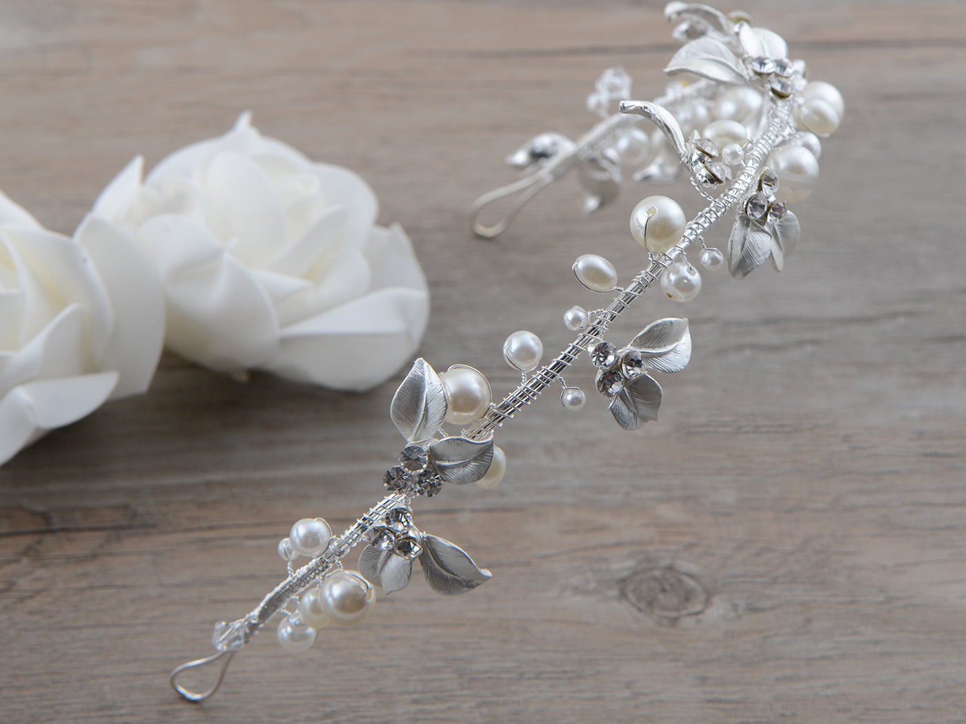 Silver Pearl Leaves Bridal Czech Hair Vine Accessory