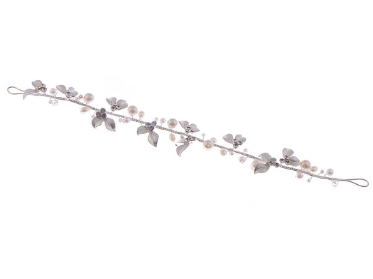 Silver Pearl Leaves Bridal Czech Hair Vine Accessory