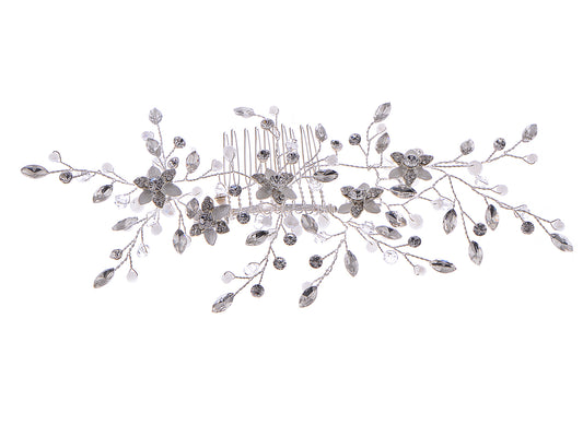 Silver Zirconia Cubic Czech Rustic Floral Leaves Bridal Prom Hair Comb