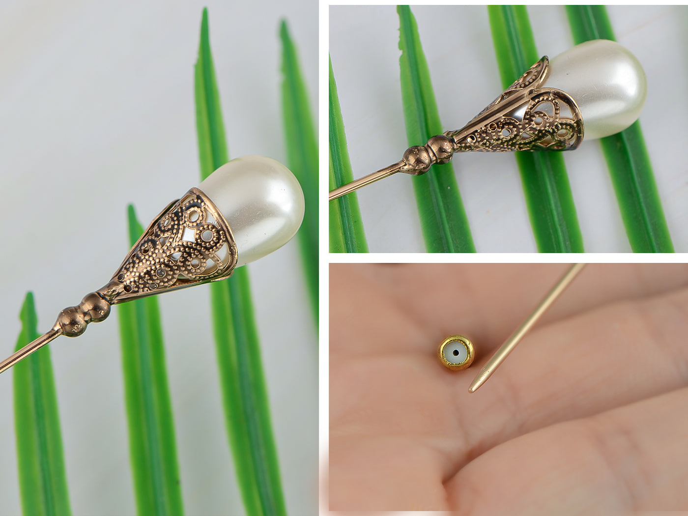 Alilang Women's Hat Pin Long Handle Golden Jewelry Retro Hollow Out Pearl Pins