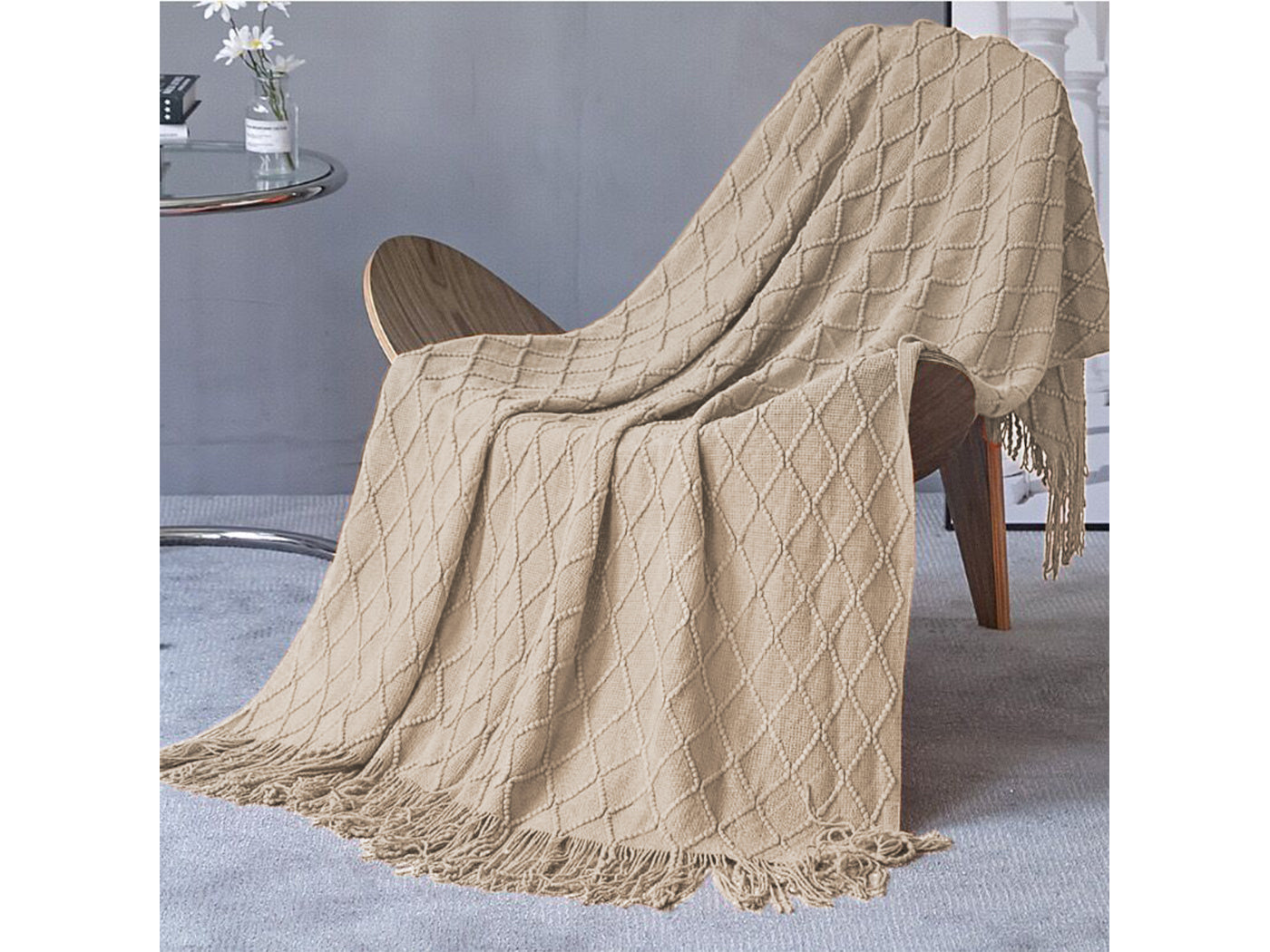 Dodolly Diamond Textured Knitted Solid Sofa Blankets with Tassel Cozy Soft Lightweight Travel Blanket for All Seasons, Khaki, 500g