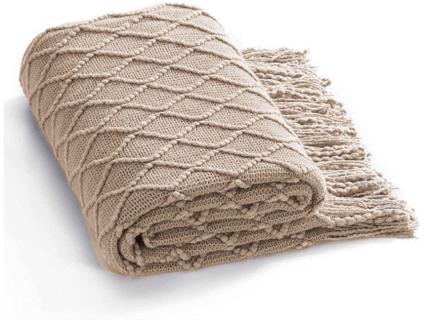 Dodolly Diamond Textured Knitted Solid Sofa Blankets with Tassel Cozy Soft Lightweight Travel Blanket for All Seasons, Khaki, 500g