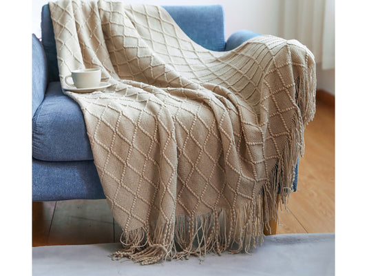 Dodolly Diamond Textured Knitted Solid Sofa Blankets with Tassel Cozy Soft Lightweight Travel Blanket for All Seasons, Khaki, 500g