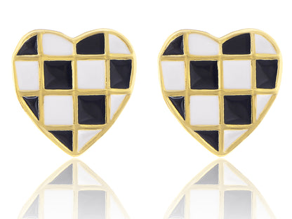 Alilang Black and White Checkerboard Stud Earrings Love Heart Earrings for Women 925 Silver Needle Geometric Peach Heart Stud Earrings Fashion Jewelry Gifts, Gold