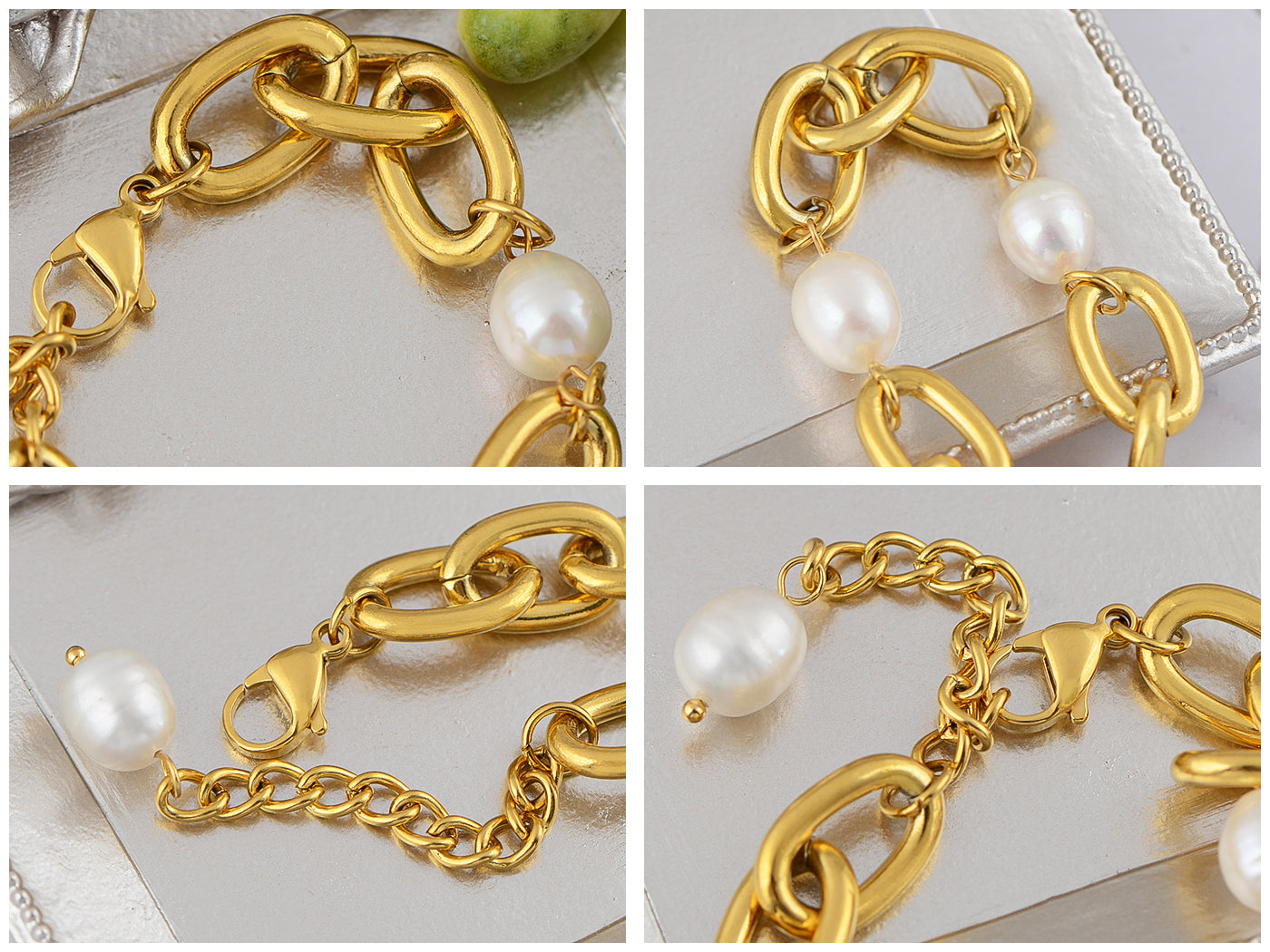 Alilang Womens 18K Gold Plated Stainless Steel Faux Pearls Dainty Link Paperclip Choker Bracelet