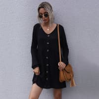 Rib Knit Button Down Long Sleeve Dress-Black