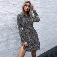 Tie Waist Dot Collar Long Sleeve Sweet Short Dress