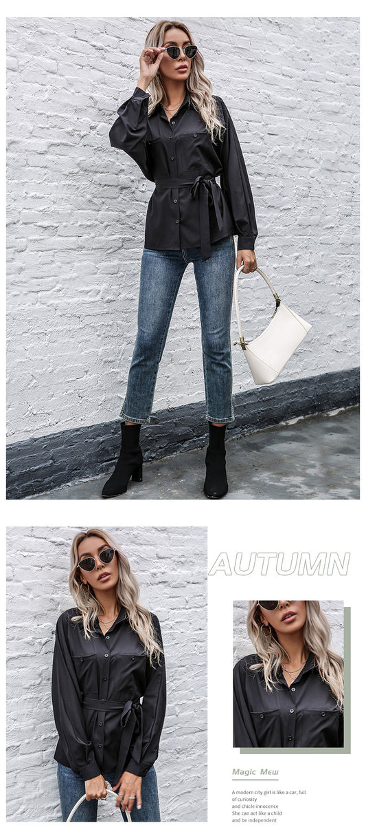 Tie With Love Button Down Elegant Dropped Sleeve Blouse