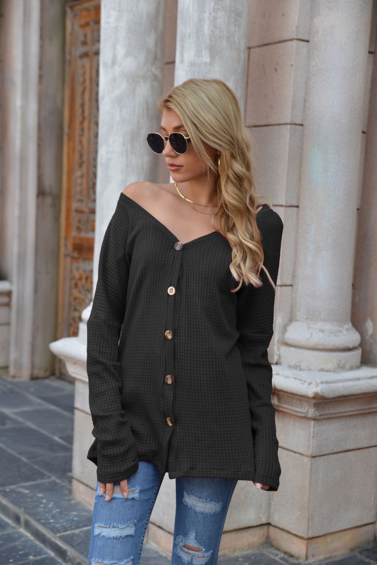 Layering Long Sleeve Button Up Textured Tunic