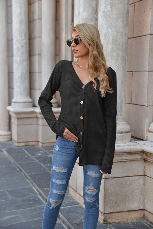 Layering Long Sleeve Button Up Textured Tunic