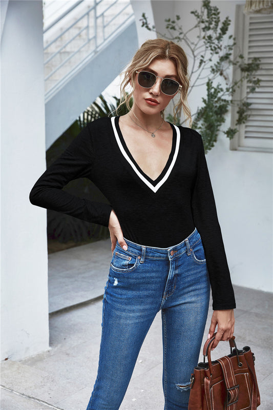 Comfortable and Soft 
Preppy V-Neck Bodysuit