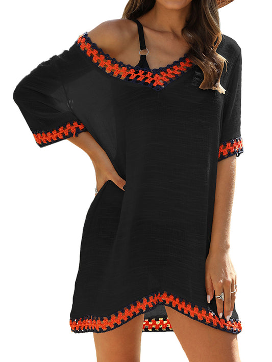 Anna-Kaci Women's Swimsuit Cover Up Summer Beach Crochet V Neck Short Sleeve Oversized Loose Bikini Coverups