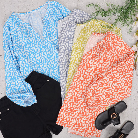 Flower Print Gathered Blouse