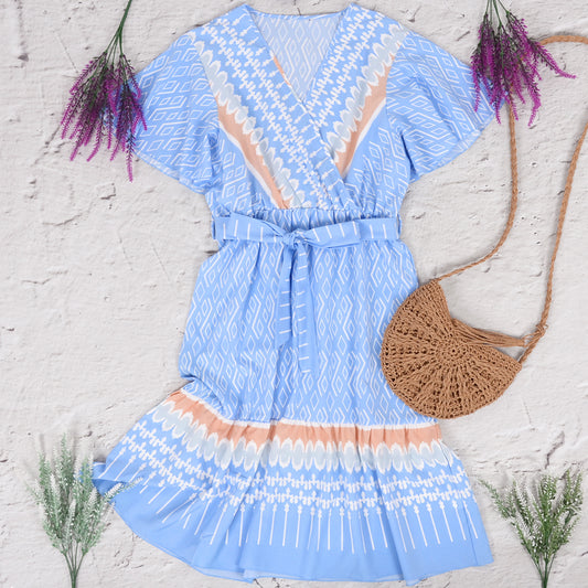 Flowy Ruffle Printed Tie Dress