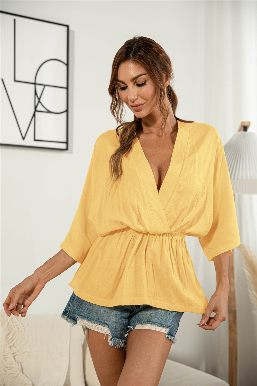 V-Neck Gathered Blouse